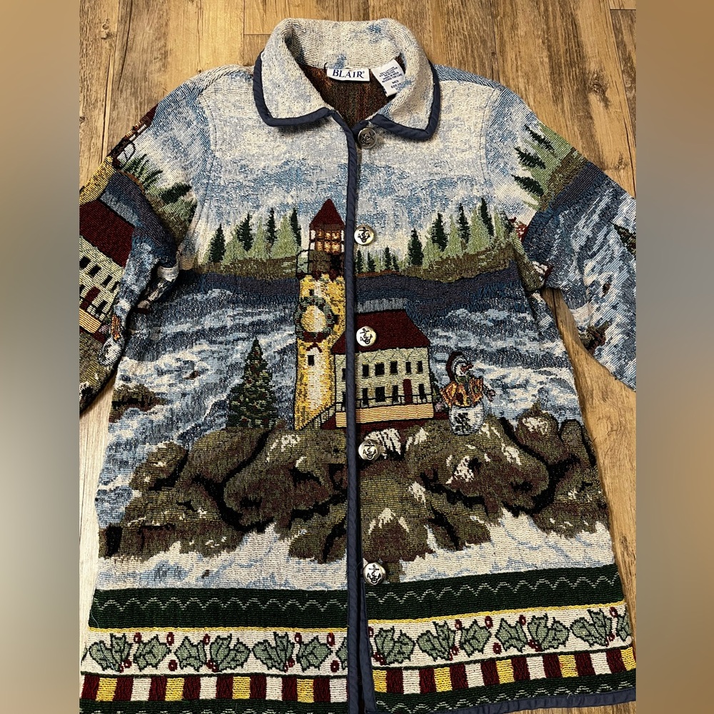 VTG 90s Blair Holiday Lighthouse Snowman Tapestry Jacket Nautical Anchor Medium - Picture 11 of 14